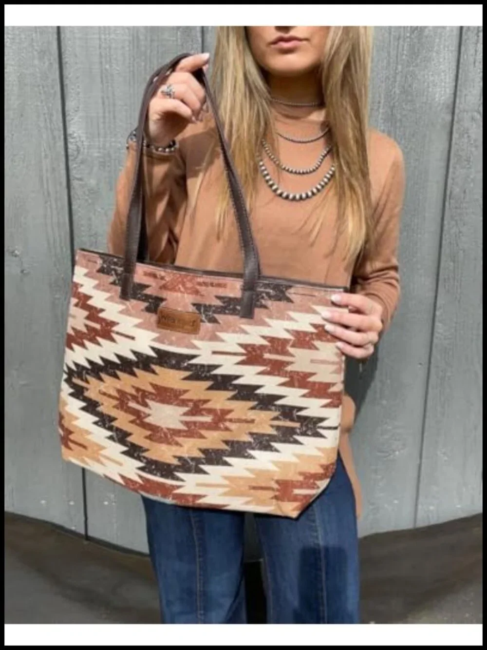 Aztec Print Canvas Tote Bag with Leather Handles for Work & Travel
